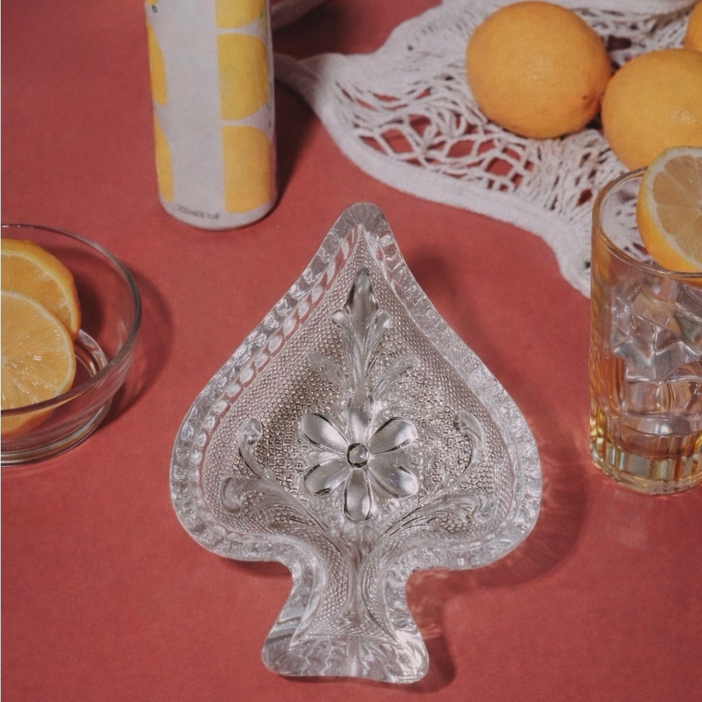 Antique Vintage Spade Flower Clear Glass Ring Earring Trinket Dish